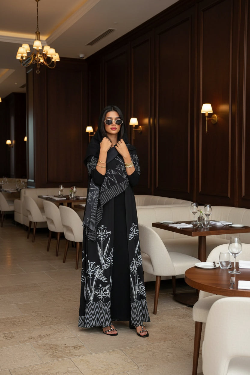 Black Floral Abaya and Hijab Set Style 05, product view 6