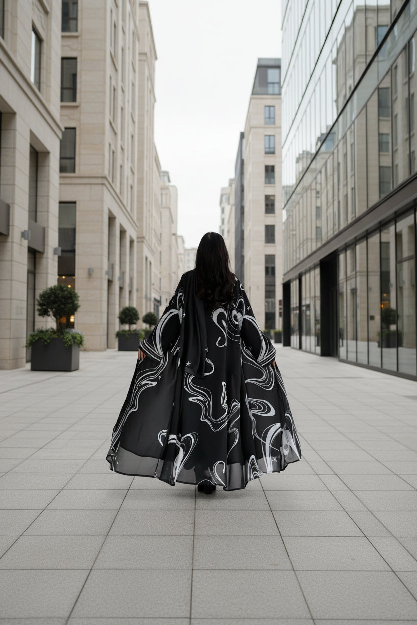 Black Abstract Print Abaya and Hijab Set for Everyday Wear, product view 7