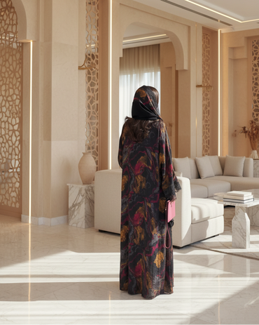 Black Multicolor Floral Lace-Trim Abaya and Hijab Set for Everyday Wear, product view 4 2
