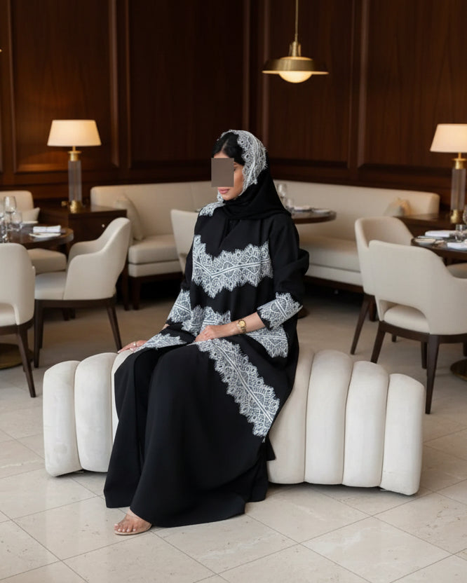 Black Scallop-Lace Abaya and Hijab Set for Eid, product view 4
