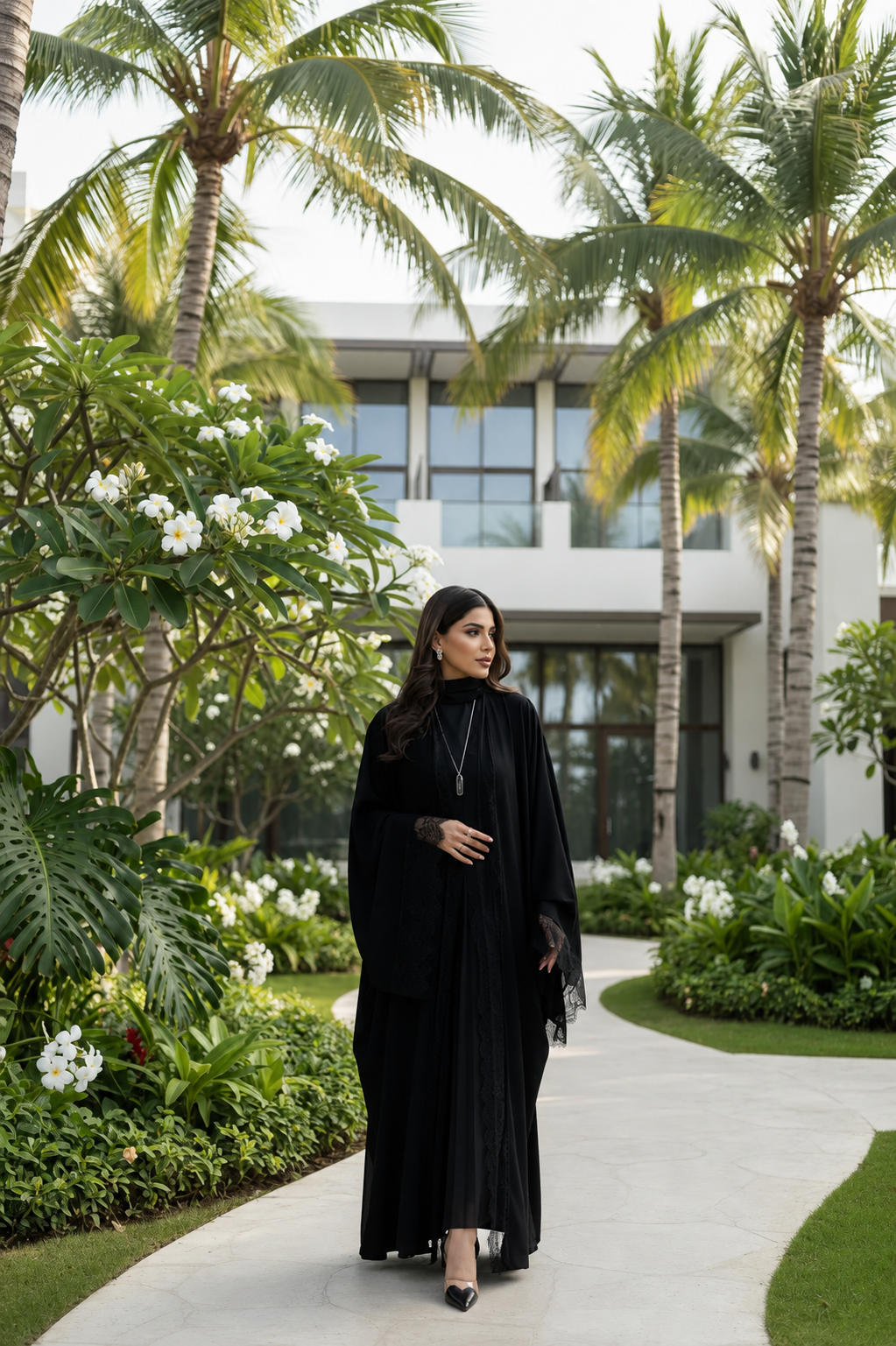 Black Tonal Lace-Trim Open Abaya