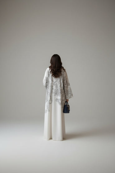 White Paisley Floral Abaya and Hijab Set for Eid, product view 3 2
