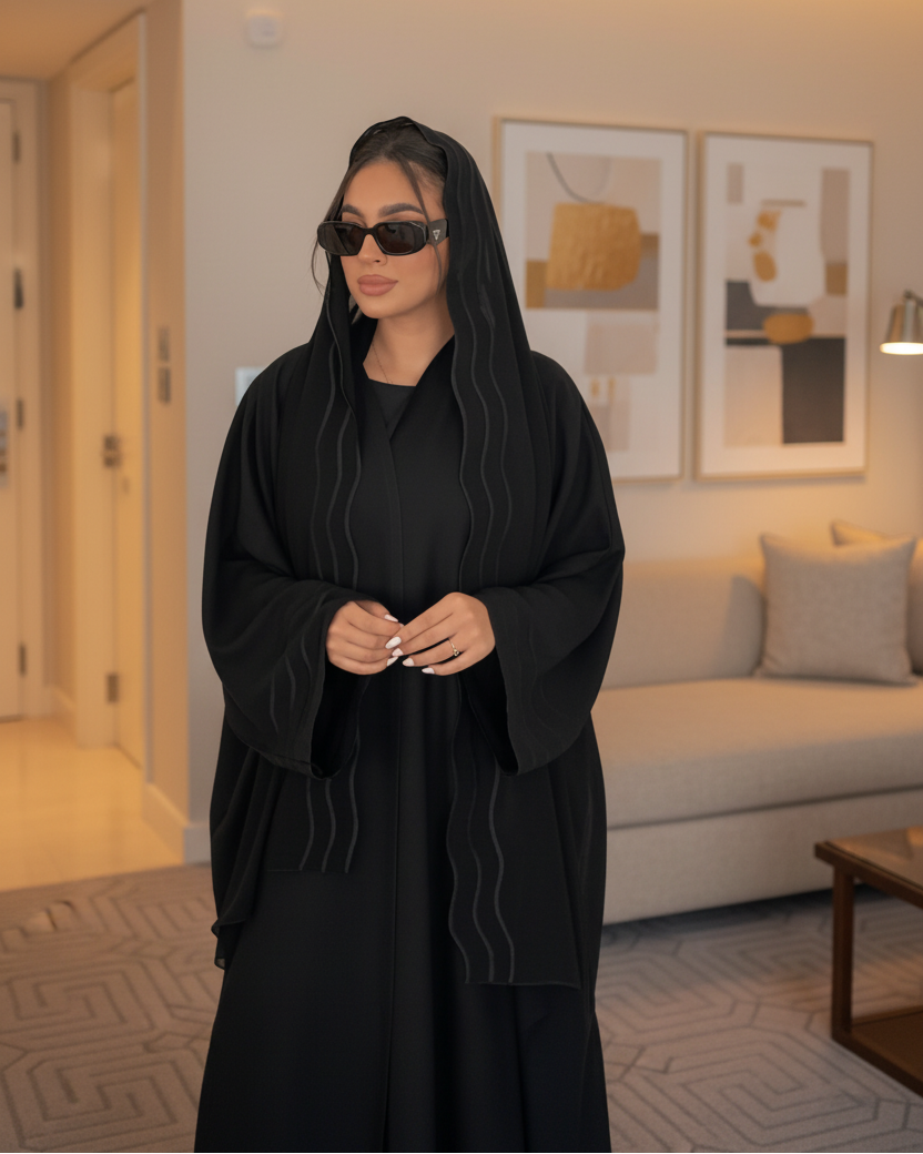 Wave-Trim Embroidered Abaya and Hijab Set for Eid, product view 9