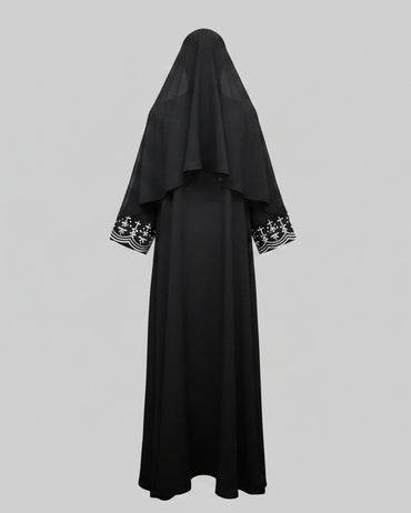 Black Botanical Embroidered Maxi Dress and Hijab Set for Everyday Wear, product view 2 2