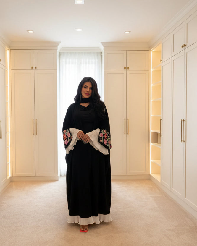 Black abaya with floral embroidered cuffs