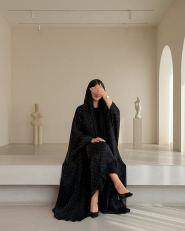 Black Leopard Print Rhinestone Abaya and Hijab Set for Eid, product view 1 2
