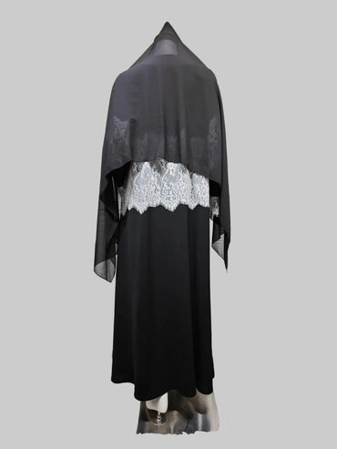 Black Patchwork Lace-Trim Abaya and Hijab Set Style 02, product view 7 2