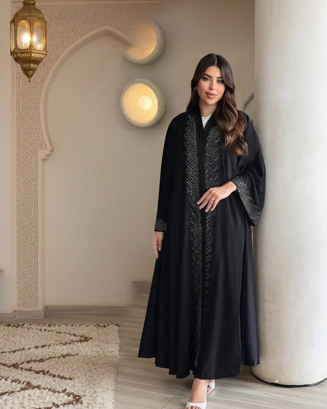 Black Rhinestone-Trim Open Abaya for Eid, product view 1 1