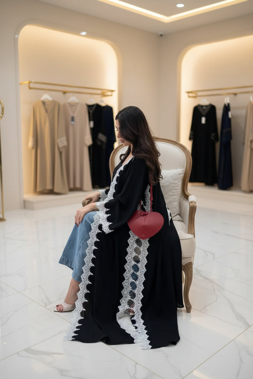 Black Scallop-Trim Open Abaya Style 02 for Everyday Wear, product view 5