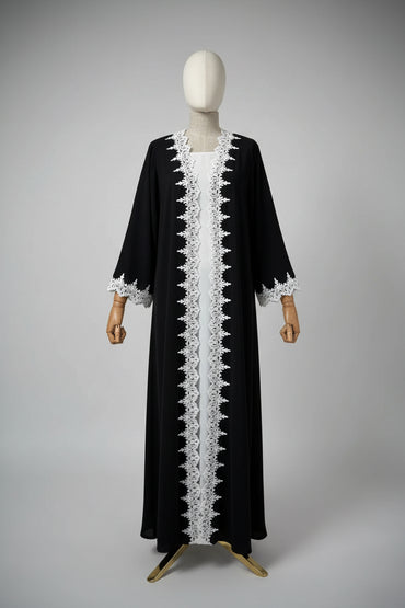 Black Scallop-Trim Open Abaya Style 02 for Everyday Wear, product view 6 2