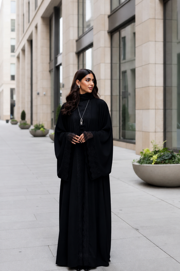 Black Tonal Lace-Trim Open Abaya 2