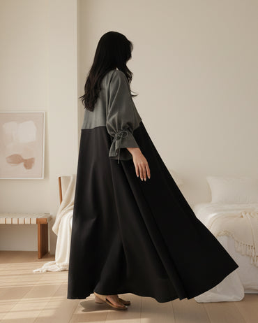 Gray Colorblock Patchwork Open Abaya for Eid, product view 3 2