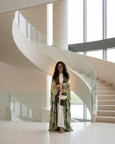 Green Botanical Open Abaya for Everyday Wear, product view 1 2