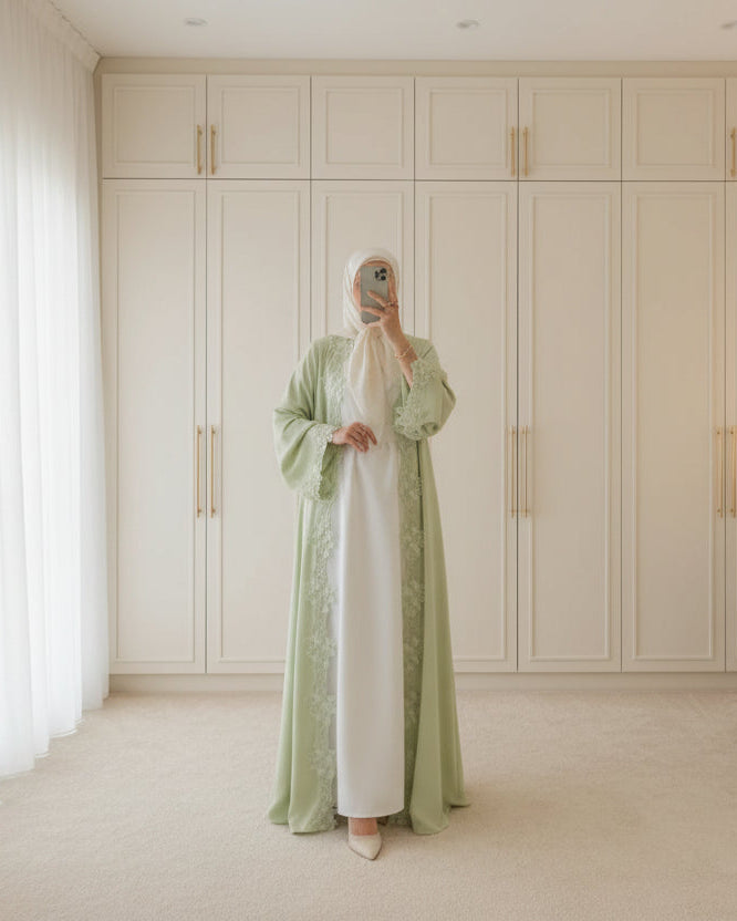 Green embroidered lace-trim open abaya