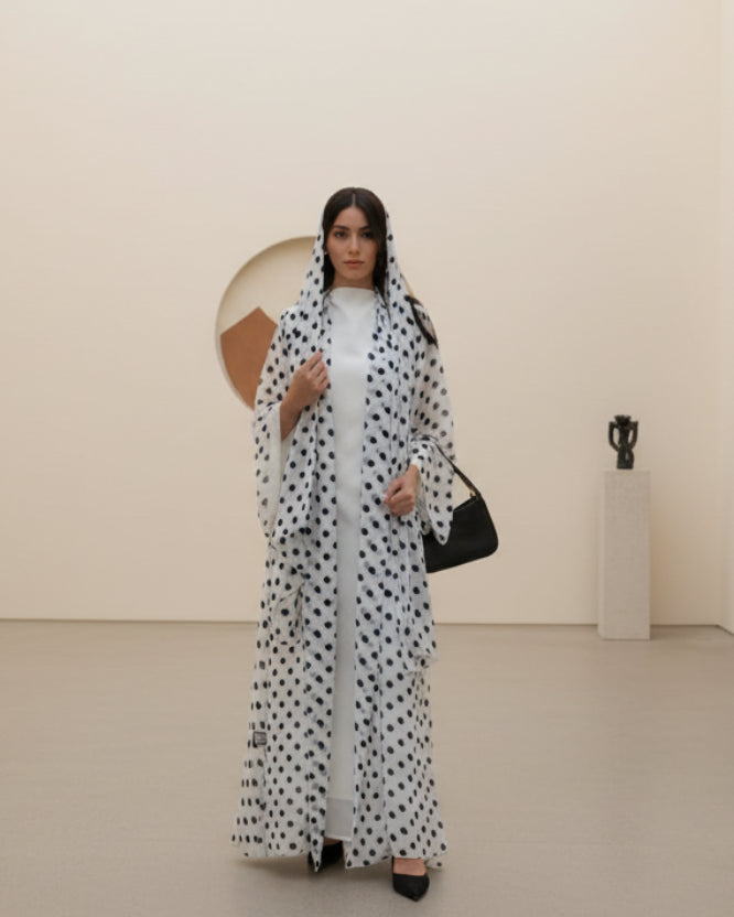 Polka Dot Chiffon Abaya and Hijab Set, product view 1 1