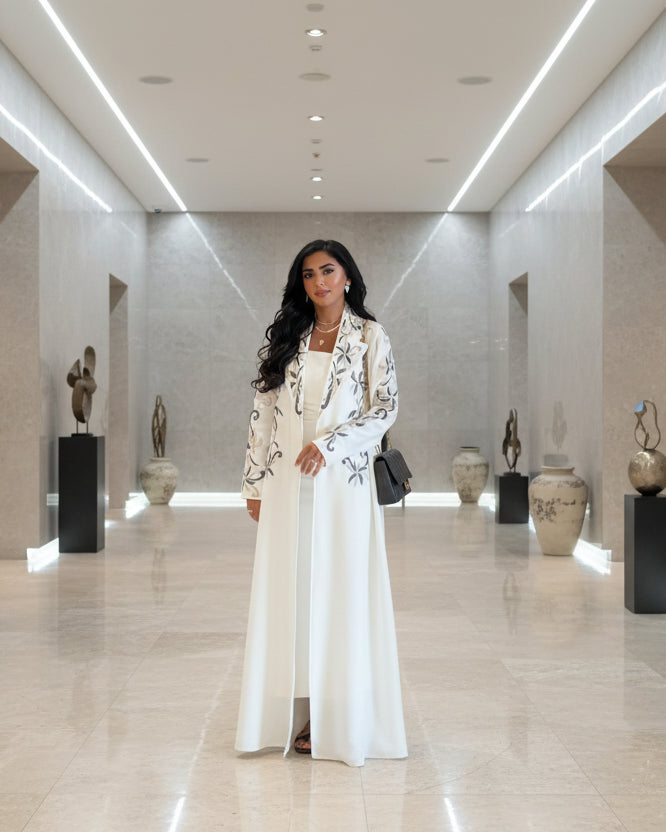White floral embroidered open abaya