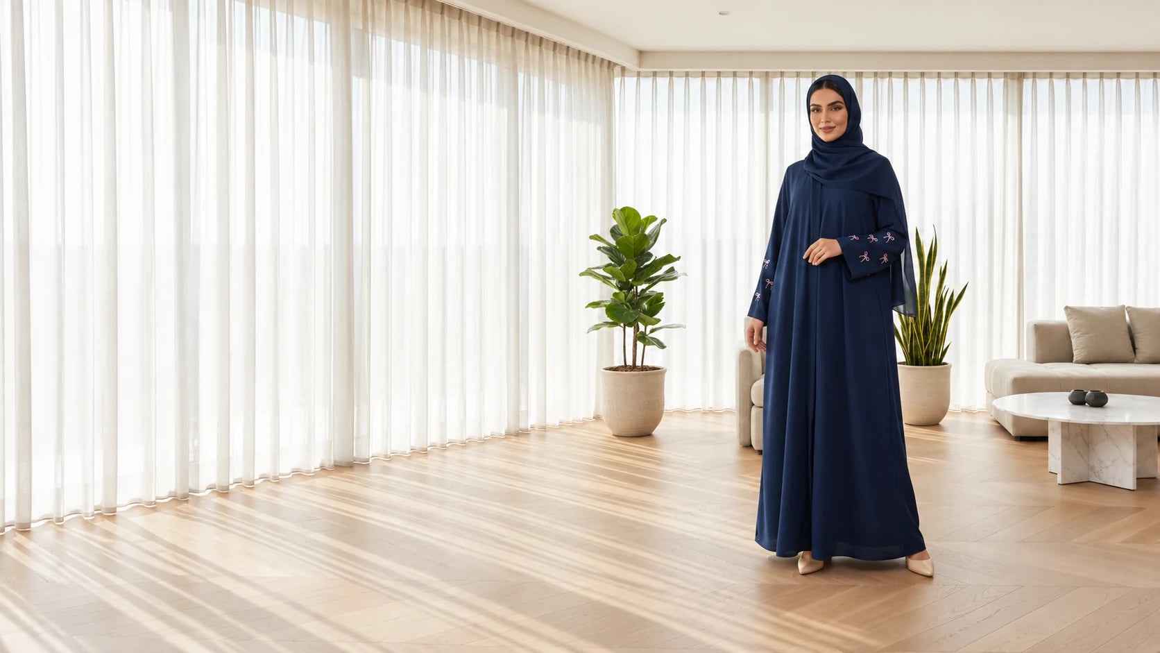 Navy embroidered kaftan and hijab set