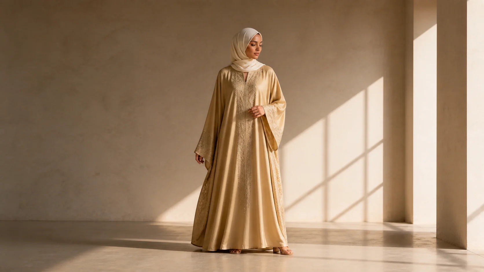 Hafizah modest fashion partner wearing a full-length embroidered abaya