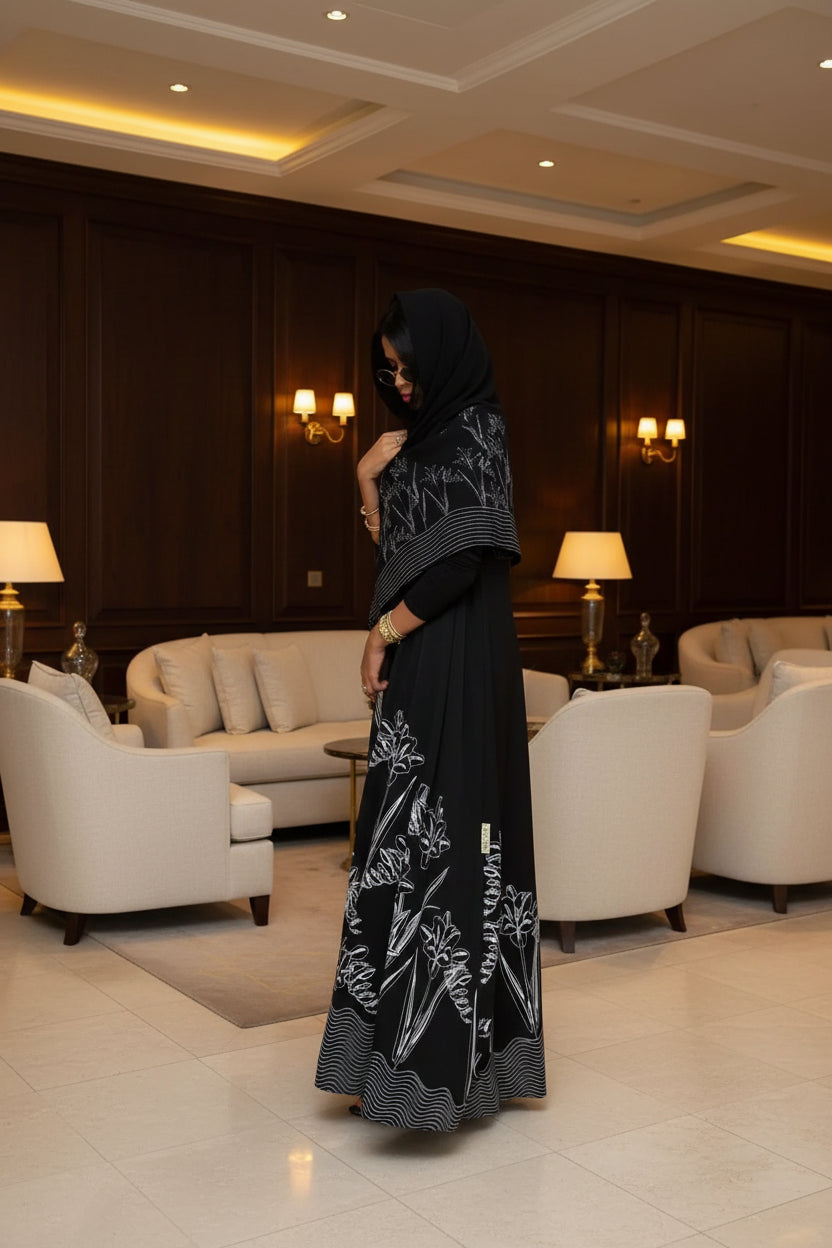 Black Floral Abaya and Hijab Set Style 05, product view 5