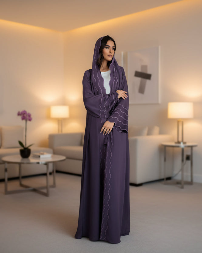 Wave-Trim Embroidered Abaya and Hijab Set for Eid, product view 8