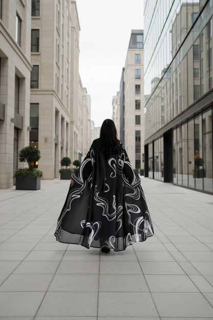 Black Abstract Print Abaya and Hijab Set for Everyday Wear, product view 7 7