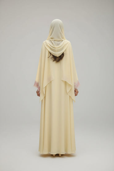 Yellow Floral Lace-Trim Abaya and Hijab Set for Eid, product view 2 2