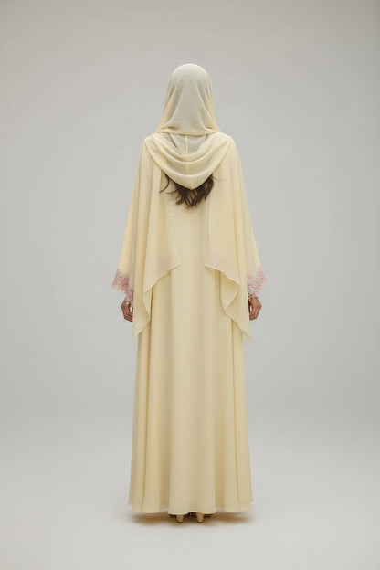 Yellow Floral Lace-Trim Abaya and Hijab Set for Eid, product view 2 2