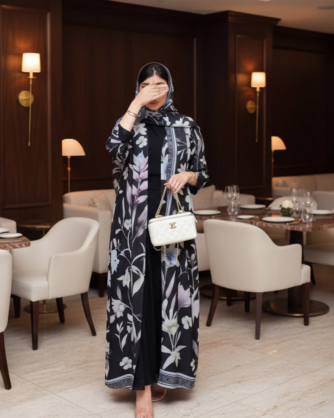 Black Floral Abaya and Hijab Set Style 03 for Everyday Wear, product view 4