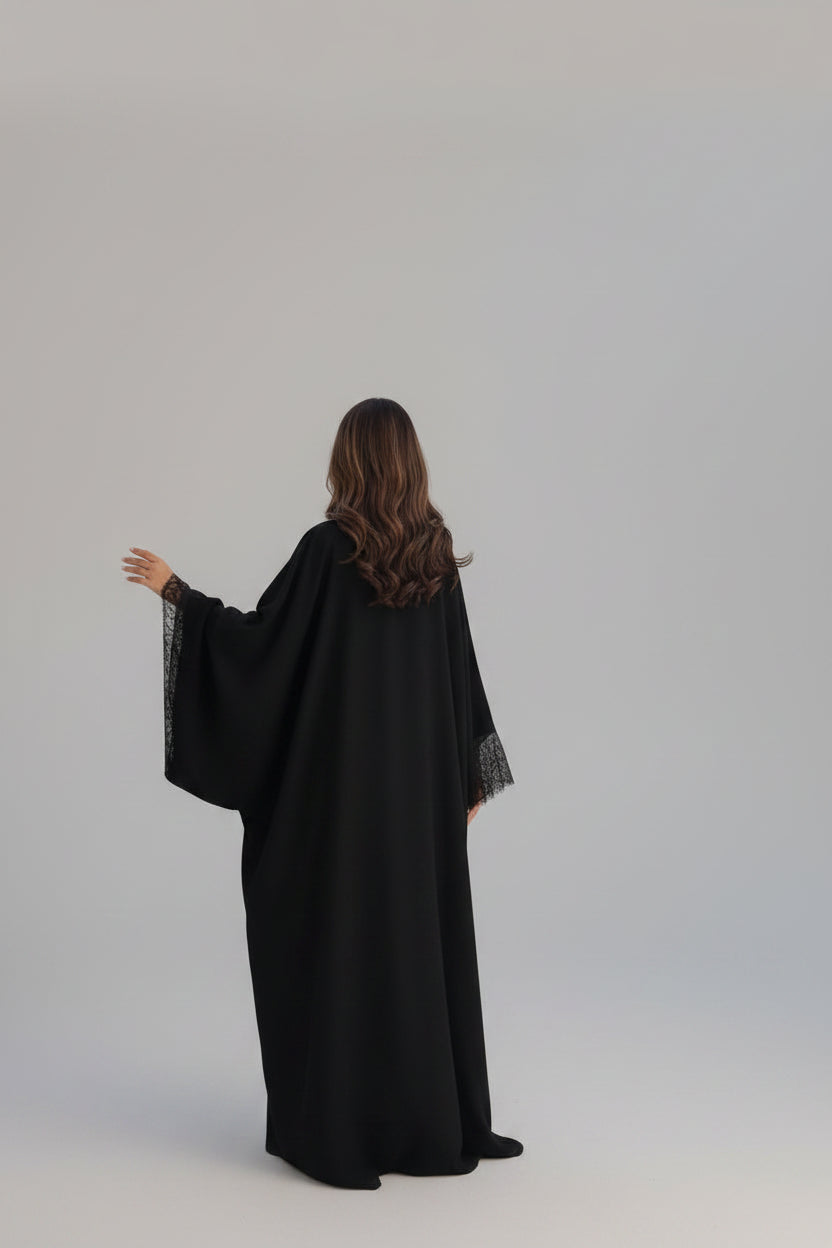 Black Lace-Trim Open Abaya for Eid, product view 7