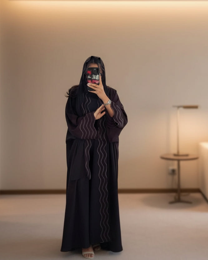 Wave-Trim Embroidered Abaya and Hijab Set for Eid, product view 7