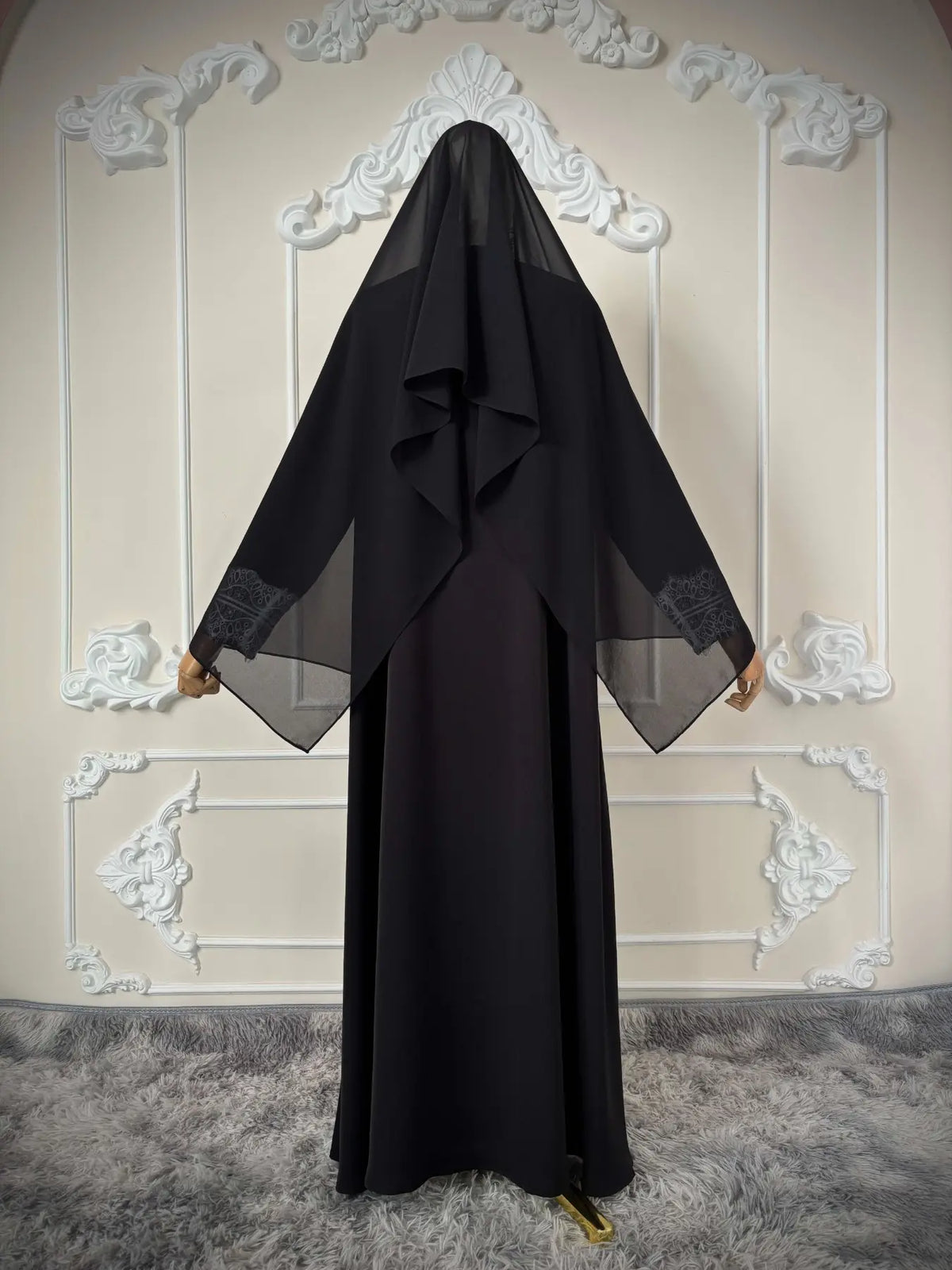 Black Scallop-Lace Abaya and Hijab Set for Eid, product view 5