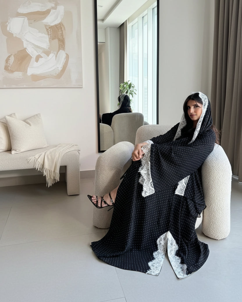 Black Polka Dot Lace-Trim Maxi Dress and Hijab Set, product view 4