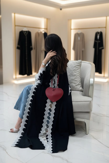 Black Scallop-Trim Open Abaya Style 02 for Everyday Wear, product view 3 4