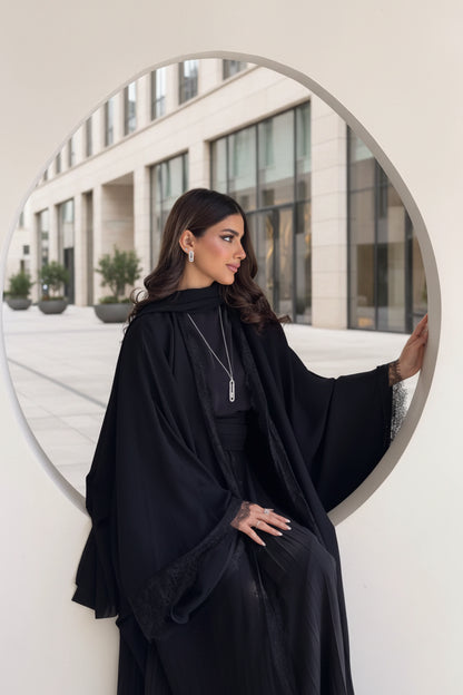 Black Lace-Trim Open Abaya for Eid, product view 3 5