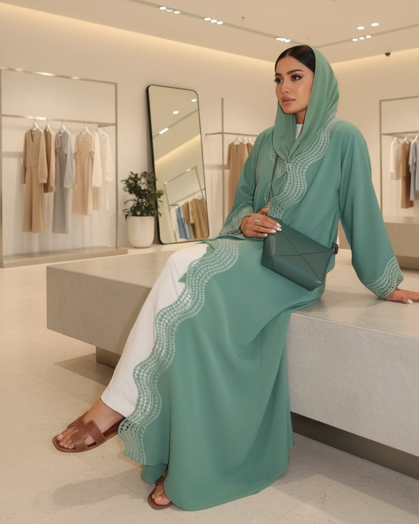 Lace-Trim Open Abaya for Everyday Wear, product view 9