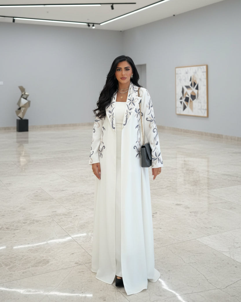 White Floral Embroidered Open Abaya, product view 2 1