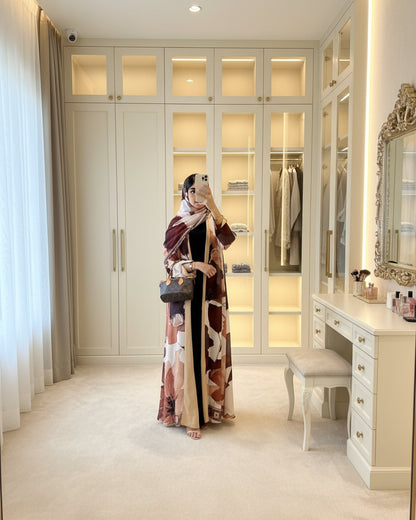 Brown Abstract Print Abaya and Hijab Set, product view 4 4