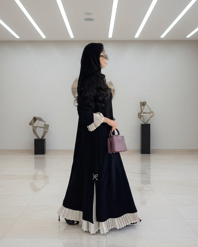 Black Patchwork Pearl-Embellished Open Abaya for Eid, product view 5