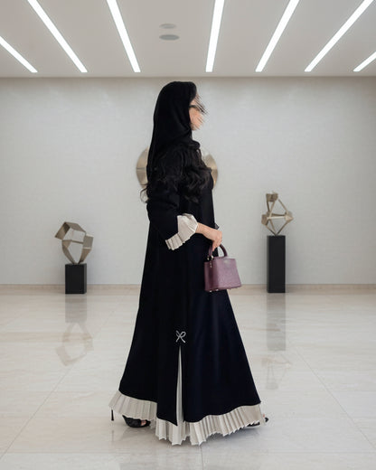 Black Patchwork Pearl-Embellished Open Abaya for Eid, product view 5 6