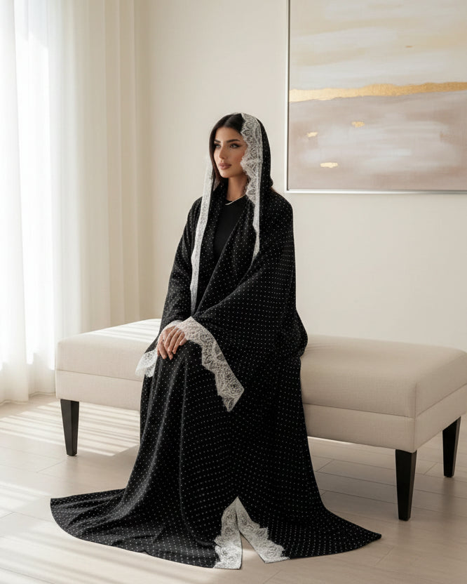 Black Polka Dot Lace-Trim Maxi Dress and Hijab Set, product view 5