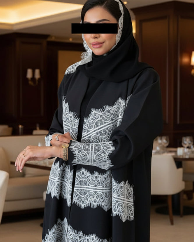 Black Scallop-Lace Abaya and Hijab Set for Eid, product view 2
