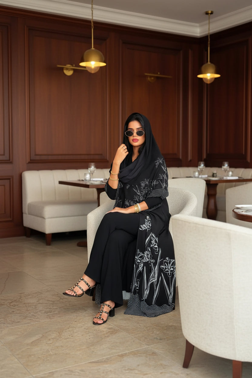 Black Floral Abaya and Hijab Set Style 05, product view 3