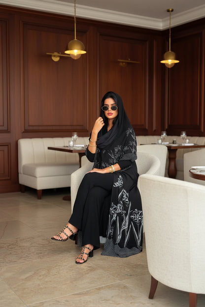 Black Floral Abaya and Hijab Set Style 05, product view 3 3