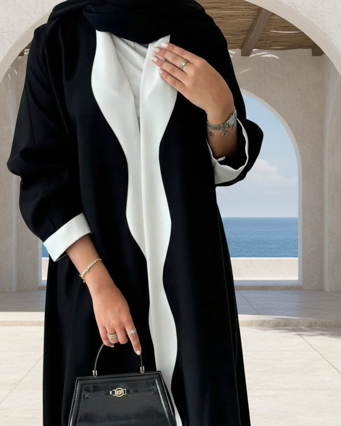 Black Wave-Trim Patchwork Open Abaya for Eid, product view 4