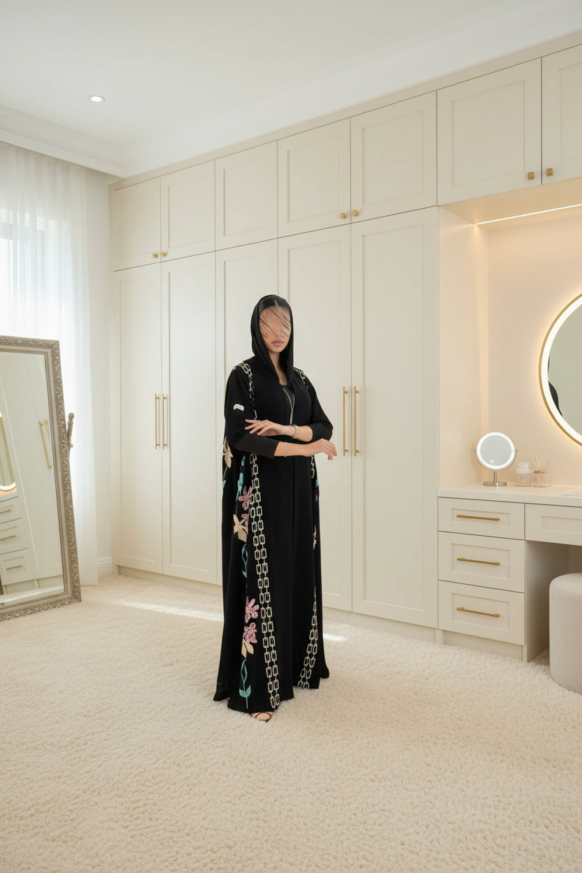 Black Floral Open Abaya for Eid, product view 4
