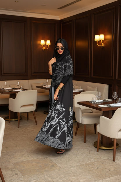 Black Floral Abaya and Hijab Set Style 05, product view 4 4