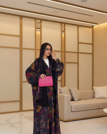 Black Multicolor Floral Lace-Trim Abaya and Hijab Set for Everyday Wear, product view 6 6
