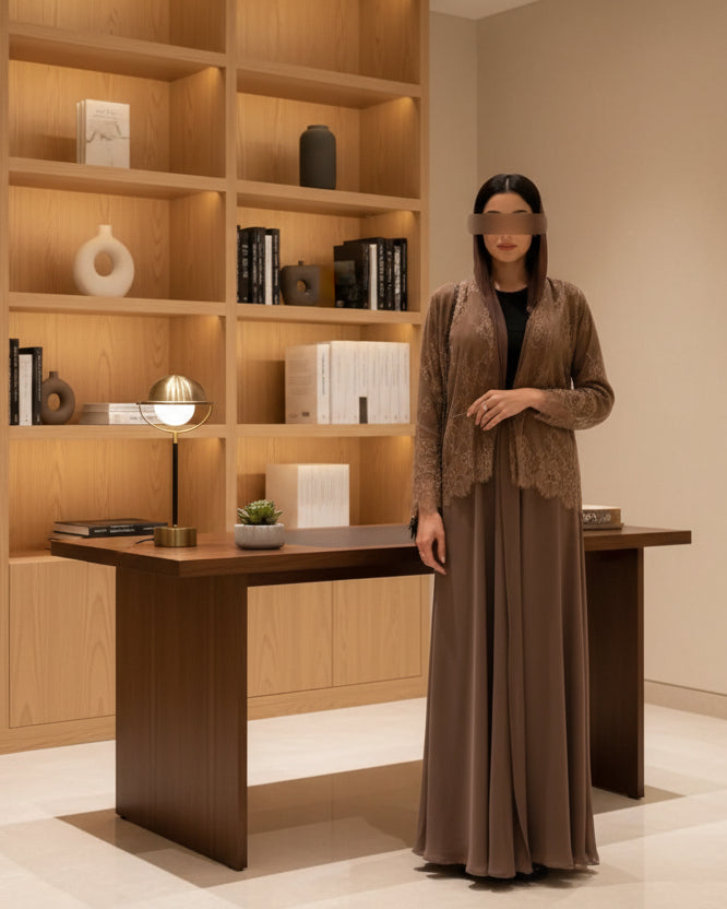 Coffee Brown Patchwork Lace-Trim Open Abaya for Eid, product view 4