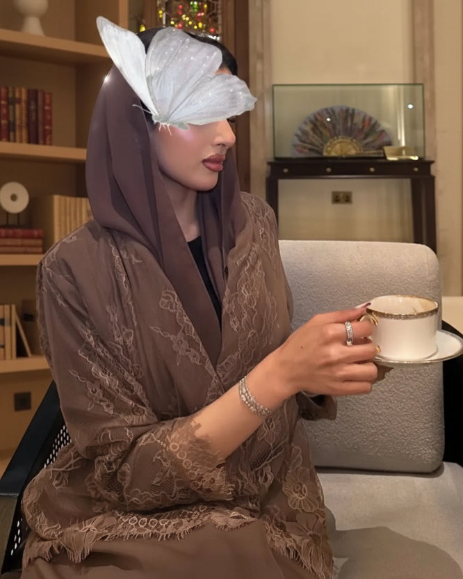 Coffee Brown Patchwork Lace-Trim Open Abaya for Eid, product view 2