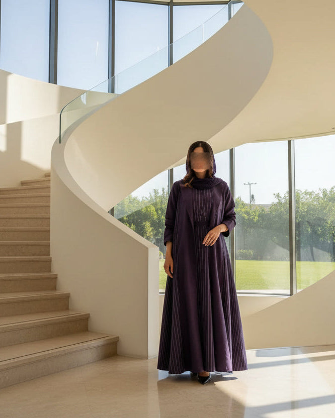 Purple Striped Open Abaya for Eid, product view 2